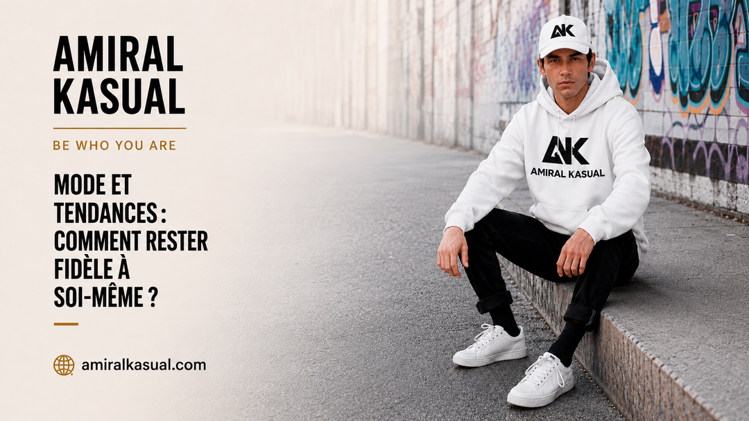 Homme assis dans un décor urbain, portant un hoodie blanc AMIRAL KASUAL et une casquette AK, illustrant l’article « Mode et tendances : comment rester fidèle à soi-même ? »