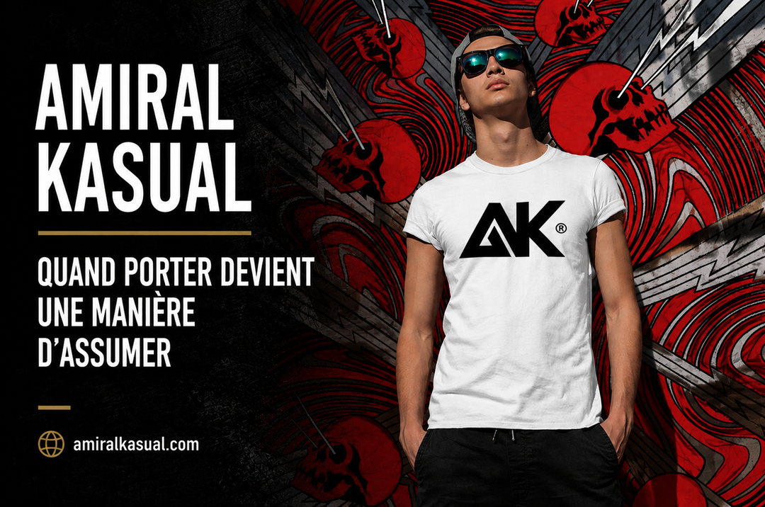 Homme portant un t-shirt blanc avec le logo AK, devant un décor graphique rouge et noir, visuel de l’article « Quand porter devient une manière d’assumer » du Magazine AMIRAL KASUAL.